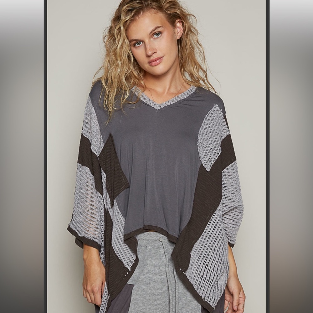 POL Gray and Charcoal Patchwork V-Neck Poncho Top